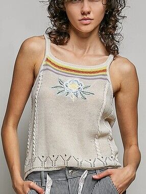 POL Cream Knit Tank with Rainbow Trim and Floral Embroidery